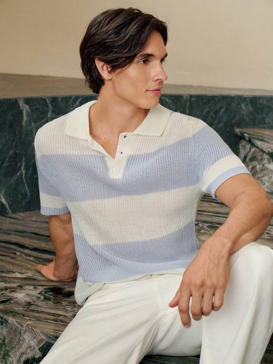 Manfinity Homme Áo polo nam tay ngắn cài khuy cổ tay phối màu tương phản, kiểu dáng thường ngày, chất liệu dệt kim gân sọc, áo sơ mi dệt kim nam, trang phục nghỉ dưỡng mùa hè cho nam giới. - Xanh và trắng - Xem 1