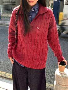 DAZY V-Neck Cable Knit Sweater For Women, Embroidered Collar Design, Loose Fit, Autumn/Winter - Burgundy - View 7