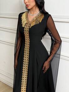 Al Najma Women's Waist-Cinched Elegant Arabic Style Maxi Dress With V-Neck, Tassels And Sheer Long Sleeves, Summer - Black - View 3