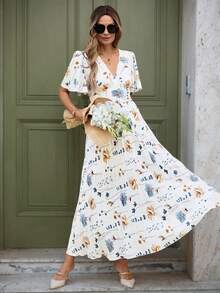 Isle Nomé Women's White And Blue Floral Summer Elegant Tea Party Holiday V-Neck Short Sleeve Waist Gathered A-Line Hem Printed Dress Retro Minimalist High-End - White - View 6