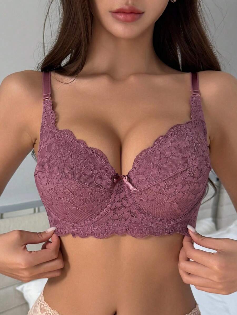 DAZY Áo ngực nữ ren chắp vá có dây đeo mảnh có thể điều chỉnh, hơi xếp ly - Màu tím  Violet - Xem 1