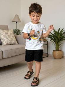 SHEIN 2pcs/Set Boys' Casual Short Sleeve T-Shirt And Shorts Set For Summer, Classic Cartoon Cute Middle Eastern Arabic Boy Pattern Print, Retro Star, Moon, Lantern Graphic Print