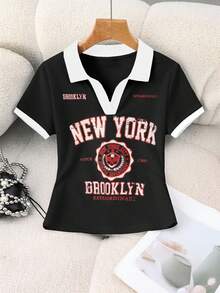 Rovax 女士休闲街头风撞色领印花衬衫 - 黑色 - 查看 5