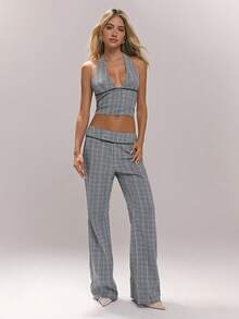 Sweetina Women's Casual Plaid Ultra Low-Rise Flare Leg Pants - Grey - View 1