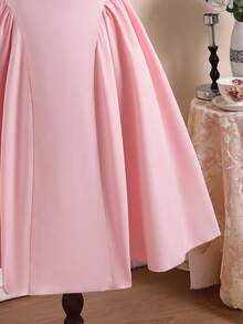 1pc Light Pink Summer Elegant Flower Girl Girls' Woven Off-Shoulder Adjustable Strap Dress,Custom Floral Lace Trim Zipper Back Formal Wedding Gown - Pink - View 8