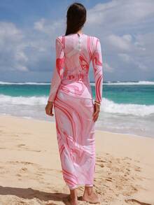 Swim Shayni Women's Beach Vacation Wavy Print Long Sleeve Zipper Design 3 PiecesBurkini Set Pink Beach Dress Pink Maxi Dress Women Beach Photoshoot Dress Pink Women Dresses Vacation Hot Pink Modest Beach Dresses Curve - Pink - View 2