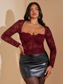 SHEIN BAE Women Lace Long Sleeve Camisole - Burgundy - View 5