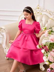 Tween Mädchen Partykleid mit quadratischem Ausschnitt, Puffärmeln, Kunstperle-Dekoration und taillierter Taille, Sommer - Heißes Pink - Übersicht 3