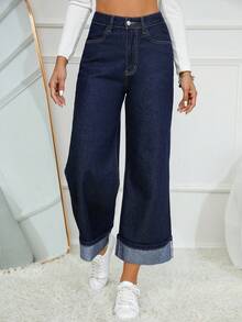 SHEIN Essnce Women's Navy Blue Straight Leg Jeans With Belt Loops, Fashionable & Versatile - Dark Wash - View 1