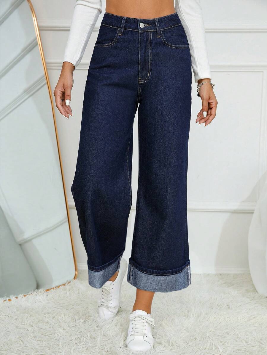 SHEIN Essnce Quần jeans nữ ống đứng màu xanh navy có đai, thời trang và đa năng. - Rửa tối - Xem 1