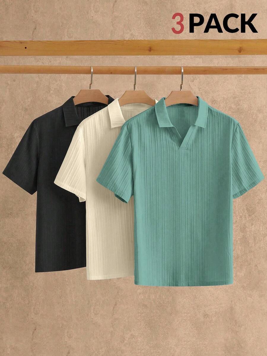 HIMLAND 男士纯色休闲百搭通勤短袖Polo衫套装，多件套，日常必备衣橱单品，基础款，百搭风格，百搭必备单品，可随意搭配，休闲百搭针织衫，翻领衬衫，男士衬衫，纯色衬衫，短袖衬衫 - 彩色 - 查看 1