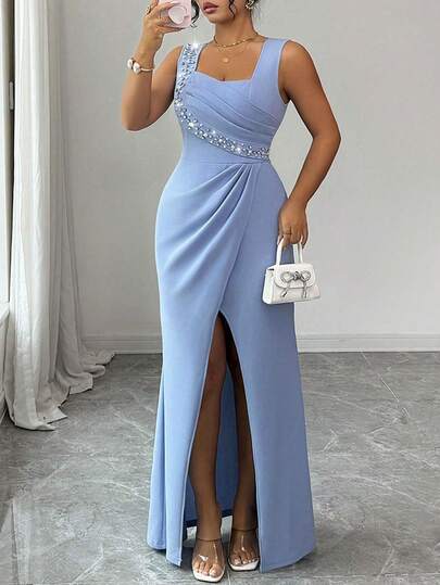 Elenzga Plus Size Sleeveless Square Neck Pearl Decor Waist Cinched Bodycon Ruffle Slit Elegant Romantic Delicate Ladies Dress, Lightweight Cocktail Party Mermaid Hem