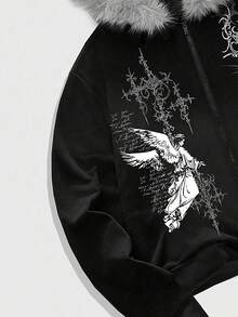 ROMWE MEN Men's Gothic Fluffy Angel Print Zip-Up Hoodie Sweatshirt, Autumn, Long Sleeve Top