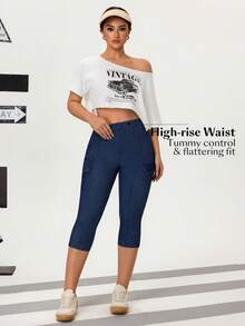 Flexra Dambyxor med hög midja och elastiska, smala ben för pendling, avslappnade jeans med capri-mönster - Blå - Visa 5