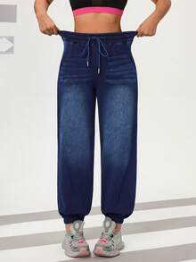 Flexra Women's Elastic Waist Loose Comfortable Drawstring Ankle-Length Jeans - Dark Wash - View 7