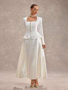 CLARA VERO Women's Square Collar Metal Button Waist Cinched Tulip Hem Long Sleeve Blazer & A-Line Skirt Set - White - View 4