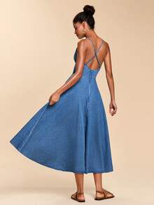 Travachic Women's Sexy Backless Tie-Waist Denim Slip Dress, Vacation Style - Medium Wash - View 5