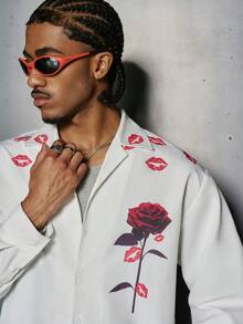 PAVTROS Men's Street-Style Floral & Lip Print Casual Long Sleeve Shirt,White And Red,Summer,Casual,Streetwear,Night,Valentine's Day Oversized Graphic - White - View 6