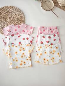 SHEIN 6件套女宝宝可爱草莓、蝴蝶结、桃子、向日葵、字母和数字印花圆领短袖上衣和松紧腰短裤，休闲舒适，适合夏季户外玩耍 - 彩色 - 查看 2