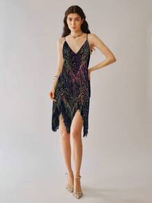 Uhlyne Vestido de mujer con tirantes finos, cuello en V con lentejuelas, flecos y bajo asimétrico