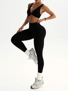 Dewbera 1 Set Women Leopard Print Twist Cross Yoga Running Fitness Exercise Sports Bra And Leggings Suit - Black - View 3