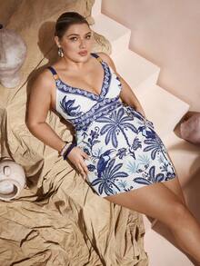 Swim Oasis 新款大码女式泳衣，夏季度假沙滩连体泳衣+裙罩衫两件套，热带植物印花优雅女士泳装两件套，大码连体泳衣 - 彩色 - 查看 6