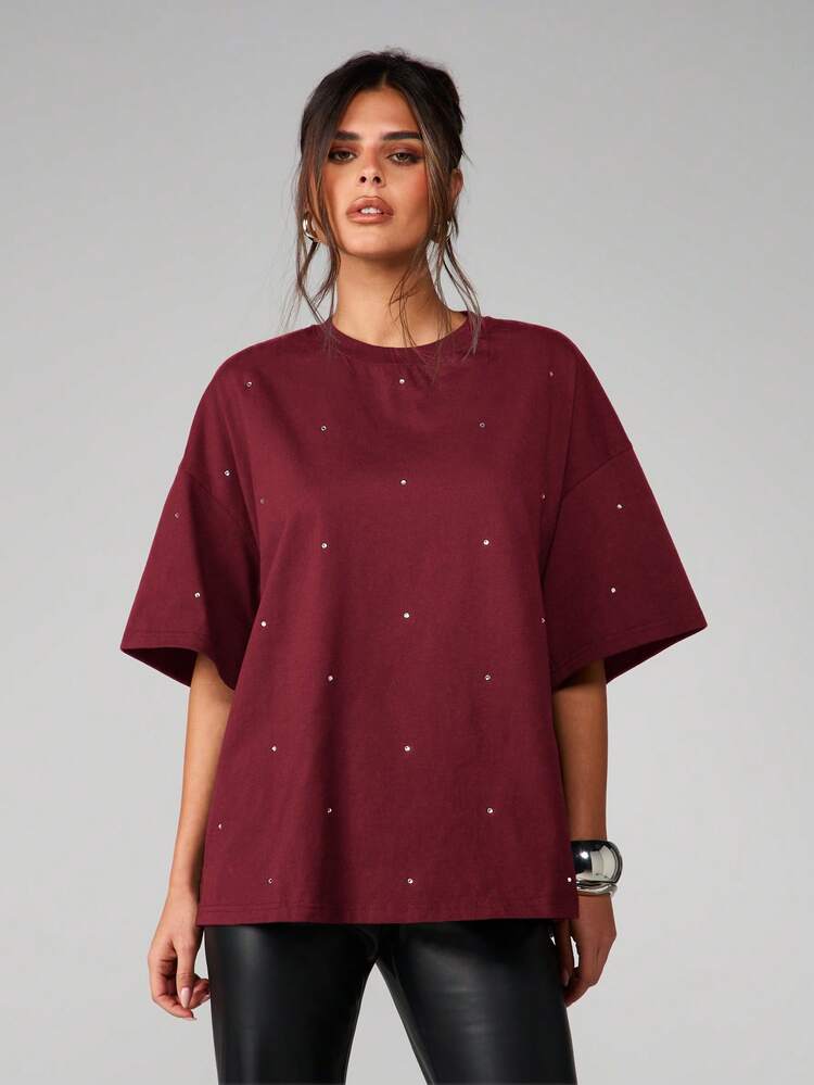 MISSGUIDED Oversized Studded T-Shirt For Women Relaxed Fit Round Neck Short Sleeves Hotfix Embellished Top Fall Winter Casual Wear