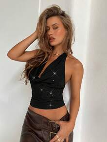 Aloruh Burgundy Draped Neck Glittery Knit Party Christmas Sexy Plunge Neck Camisole - Black - View 6