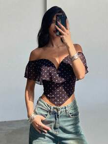 Aloruh Áo kiểu trễ vai chấm bi nâu, chất liệu chiffon xếp ly, giả xương cá, dành cho nữ, thích hợp đi biển, nghỉ hè, đi chơi, đi nghỉ mát. - màu nâu - Xem 8