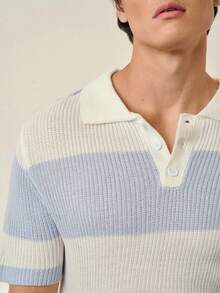 Manfinity Homme Áo polo nam tay ngắn cài khuy cổ tay phối màu tương phản, kiểu dáng thường ngày, chất liệu dệt kim gân sọc, áo sơ mi dệt kim nam, trang phục nghỉ dưỡng mùa hè cho nam giới. - Xanh và trắng - Xem 2