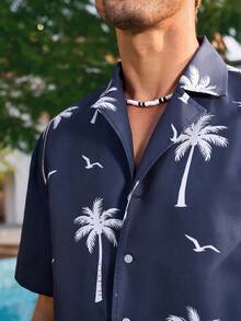 Manfinity Swimmode Men's Short Sleeve Drop Shoulder Front Button Casual Summer Loose Beach Outfit - Navy Blue - View 5