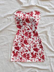 Soleia Damen Sommer Urlaubs Lässig bedrucktes Bandeau Mini Kleid - Rot-Weiß - Übersicht 4