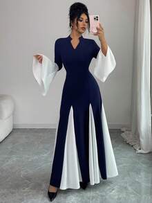 Siren Gaze Vestido longo feminino com punhos oversized em cores contrastantes - Azul - Ver 3