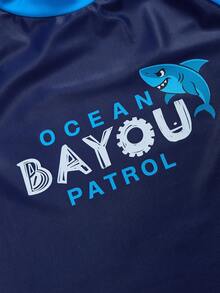 SHEIN 男童修身沙滩字母图案分体泳衣两件套，适合春夏季节和海滩度假 - 藍色 - 查看 8