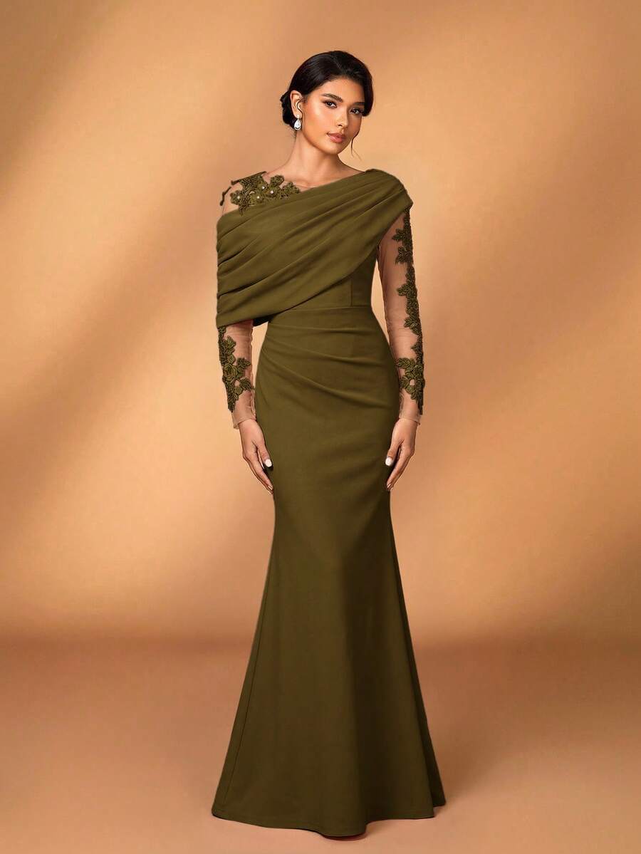 优雅浪漫奢华橄榄绿弹力针织撞色网纱不对称荷叶边修身鱼尾裙，适合晚宴、约会、舞会、婚礼、蜜月等场合。 - 軍綠色 - 查看 1