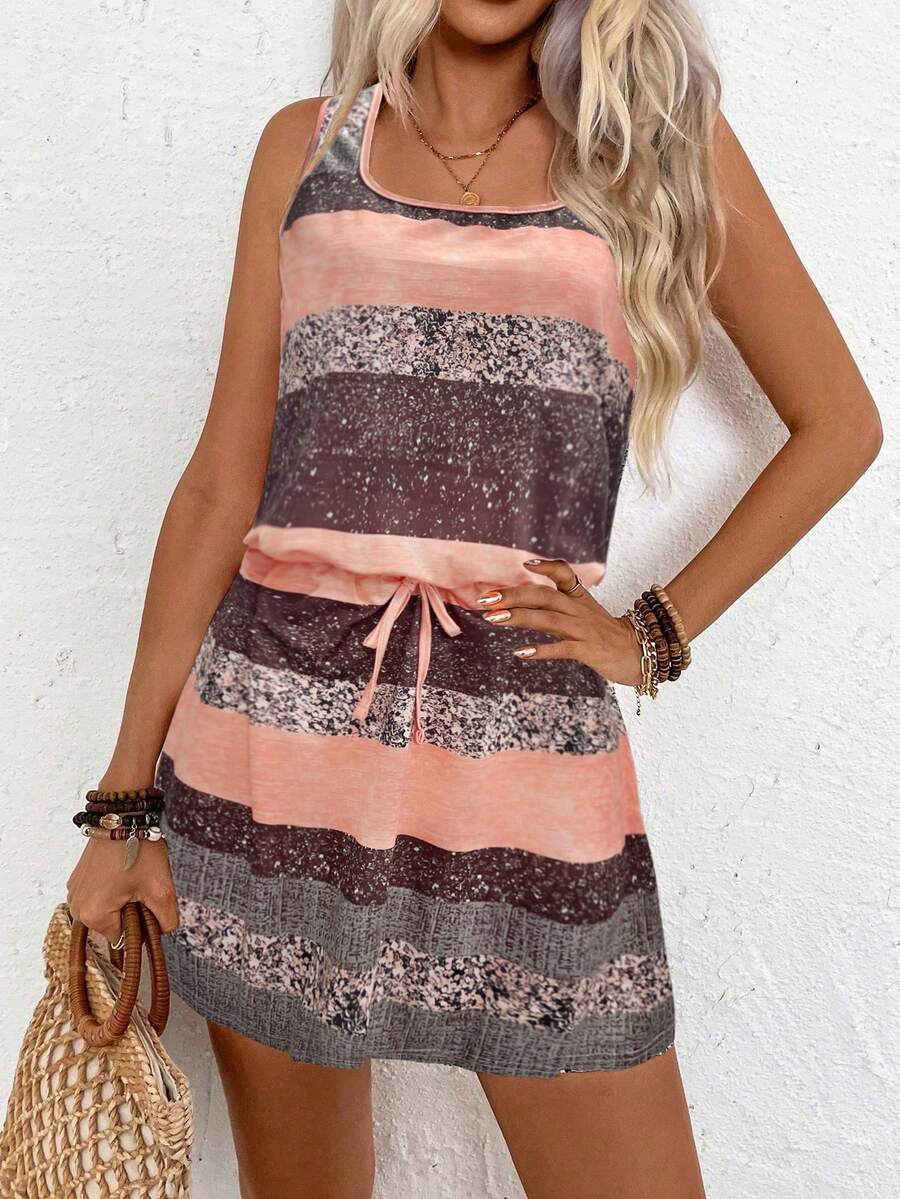 EMERY ROSE Vestido casual suelto de mujer con cuello cuadrado, sin mangas, con rayas y cintura con lazo - Multicolor - Ver 1