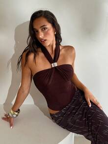 Aloruh Women's Elegant Commuter Knit Sexy Coffee Color Minimalist Commuter Bombshell Halter Bodysuit - Coffee Brown - View 6