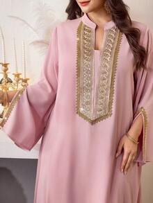Al Najma Elegant Stand Collar Embroidered Split Sleeve Flared Hem Dress, Spring/Summer