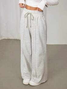 SHEIN PETITE Quần nỉ ống rộng cạp chun màu trơn, thích hợp cho lễ tốt nghiệp, trang phục tựu trường, lễ tốt nghiệp, trang phục giáo viên dành cho nữ, tựu trường. - trắng - Xem 3