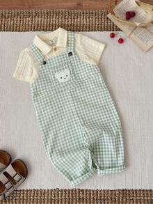 SHEIN Quần áo trẻ sơ sinh unisex, áo liền quần họa tiết gấu hoạt hình kẻ caro xanh lá cây dễ thương, đa năng cho bé trai/bé gái. - Nhiều màu - Xem 6
