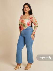 SHEIN BAE 大码女式方领透视网眼长袖镂空衬衫，适合休闲穿着、外出、约会、下午茶、度假、春夏季 - 黃色 - 查看 6