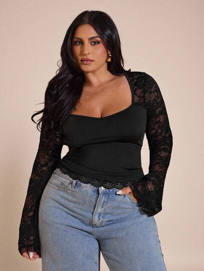 SHEIN BAE Plusstorlek Dam Spets Patchwork Långärmad Figurnära Moderiktig Halloween Långärmad Topp Julkonsert För Damer, Klubb Dam Sexig