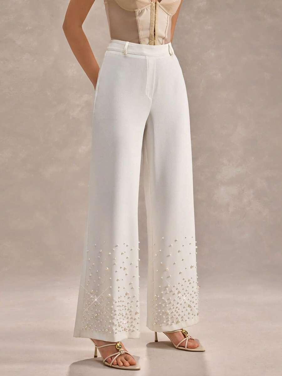 CLARA VERO White Pearl Embellished Wide Leg Pants: Fitted At The Hip And Flared Leg, Ideal For Special Occasions Or Parties, Crafted From Non-Elastic Polyester Fabric With Concealed Side Zip And Elegant Pearl Details Along The Hem - White - View 1