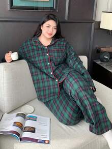 Dazy Plus Plus Size Loose Plaid Lapel Top & Pants Pajama Set, Suitable For All Seasons, Winter Clothes - Green - View 9