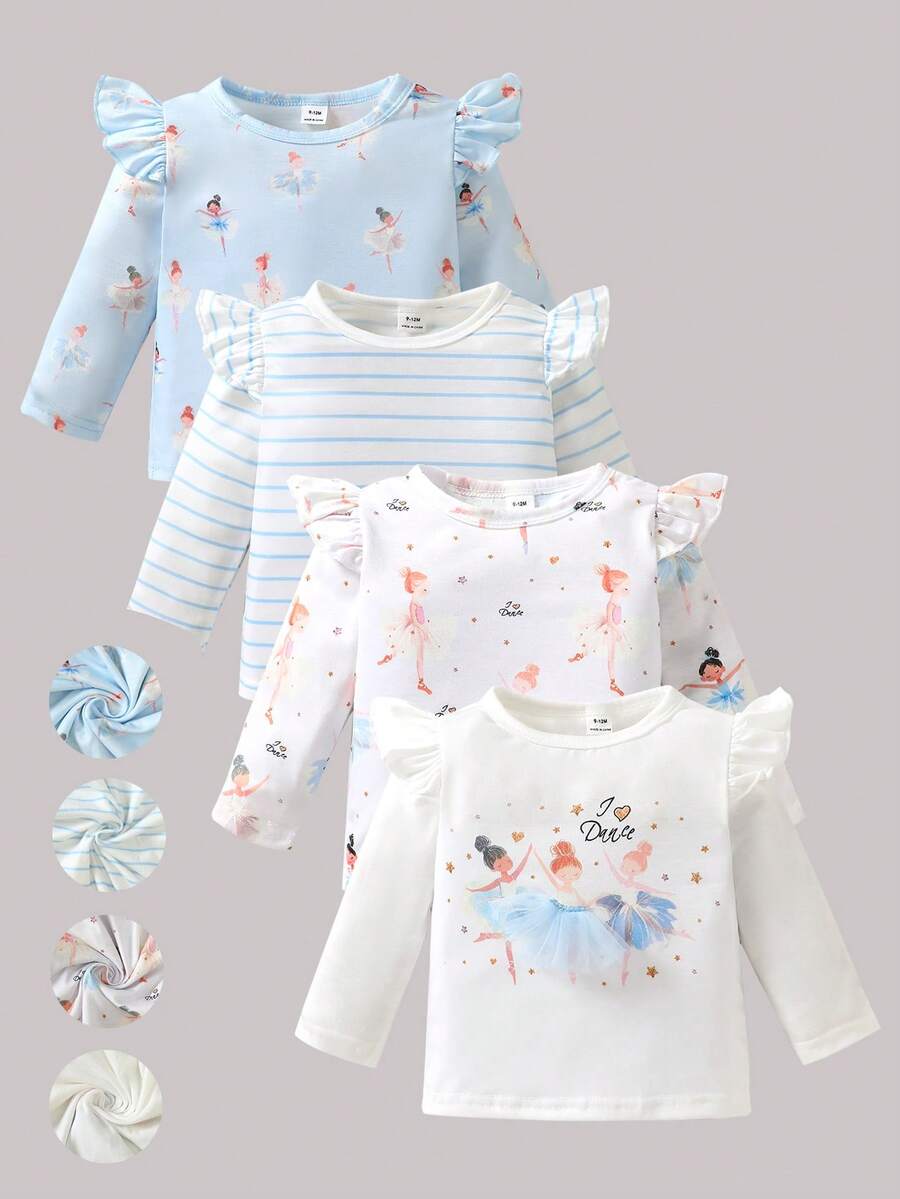 SHEIN 4件套女婴休闲日常百搭芭蕾薄纱裙套装，包含条纹碎花上衣，面料柔软亲肤，超值多件套 - 藍色 - 查看 1