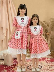 1pc Girls' Traditional Arabic Abaya Dress, Round Neck, Patchwork, Floral Print, Ruffle Trim, Puff Sleeve, Pleated Hem, Mid-Length, Spring/Summer - Pink - View 4