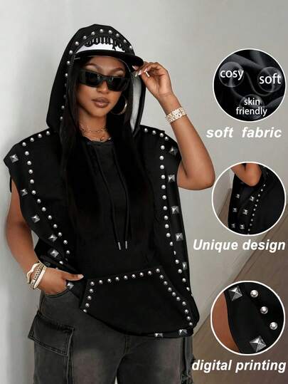 Maweii Plus Size Women's Faux Rivet Digital Print Sleeveless Sweatshirt, Suitable For Wearing Comfortably In Various Occasions Such As New Year, Carnival, Sports Events, Parties, Graduation Season, Back-To-School Parties, Dates And Daily Life. It Has Multiple Styles Including Fashionable, Elegant, Casual, Sexy, And Streetwear. Suitable For Autumn, Winter, Spring, Summer, Spring/Autumn, Autumn/Winter Wear. Sleeveless Sweatshirt, Daily Sweatshirt For Various Occasions