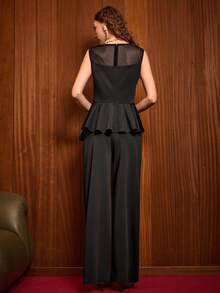 Uhlyne 女士休闲优雅通勤日常办公圆领荷叶边网纱针织泡泡珍珠黑色套装，适合春、夏、秋、冬四季穿着。 - 黑色 - 查看 4