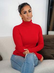 SAYEHFBABY Women Casual Solid Color High Collar Fleece Sweater For Winter For New Year Clothes,Long Sleeve Tops Knit Pullover Fall Outfit - Red - View 4