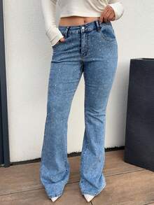 Jeta Ari 女式休闲水洗水钻喇叭牛仔裤 - 中等水洗藍 - 查看 3